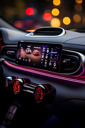 Modern car interior details. Dashboard, steering wheel and dashboard. 3d renderingの素材