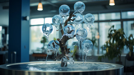 Frozen tree with water splashes in office. 3d renderingの素材