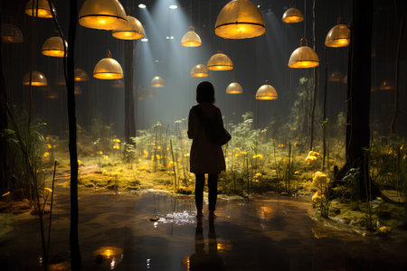 Young woman standing in dark forest and looking at lighted lanternsの素材
