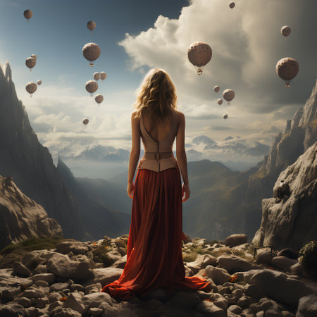 Girl in a long red dress in the mountains with hot air balloonsの素材