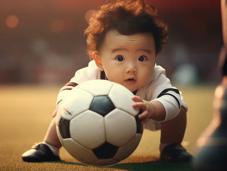 Cute asian baby boy playing with soccer ball on the fieldの素材
