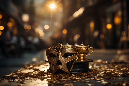 Mardi Gras mask and golden cup on the street at night.の素材