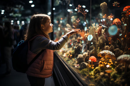Little girl looking at a large glass showcase with a variety of alien plants.の素材