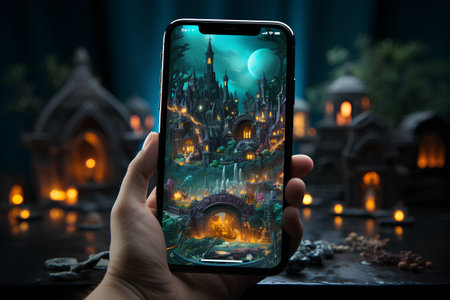 Halloween concept. Hand with smart phone on dark background. 3D renderingの素材