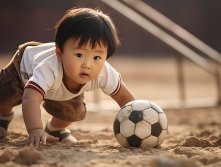 Asian baby boy playing with soccer ball on outdoor playground in summer.の素材