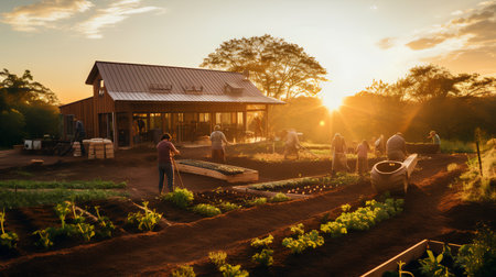 Aerial view of young farmer working in his garden at sunset.の素材