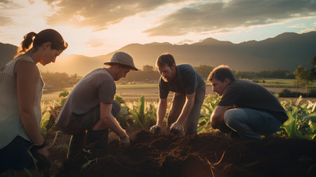 Group of farmers working in the field at sunset. Concept of agriculture.の素材