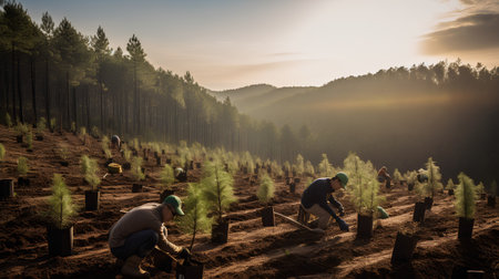 Workers are planting trees in the morning at the pine forest.の素材