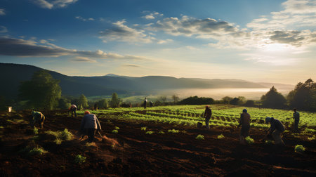 Group of farmers working on the field at sunrise. Agricultural concept.の素材