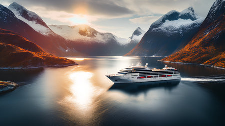 Cruise ship in the Norwegian fjord. 3d renderingの素材