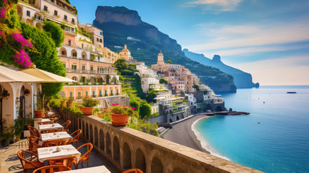 Amalfi Coast, Italy. Picturesque view of Amalfi village and Mediterranean sea. Popular travel destination.の素材