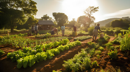 Group of farmers working in the vegetable garden at sunset. Harvesting.の素材
