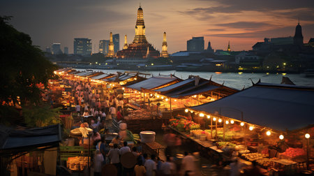The night market of the Wat Arun in Bangkok, Thailand.の素材