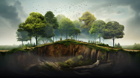 Conceptual landscape with green forest and clouds in the sky.の素材