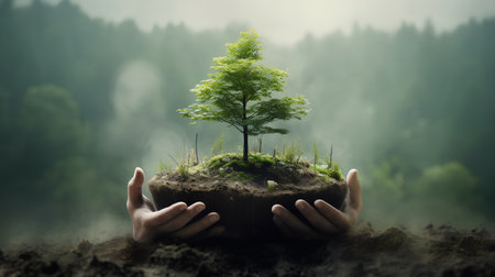 Human hands holding a small tree in soil. Ecology and environment conceptの素材