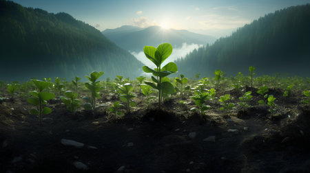 Green seedling growing in the morning sun,3d render.の素材