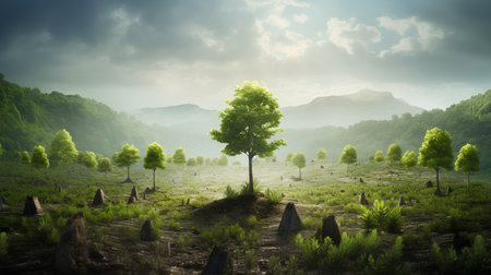 Mountain landscape with trees and foggy sky. 3d renderingの素材