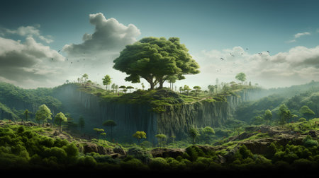 Fantasy landscape with a tree on the cliff. 3d renderの素材
