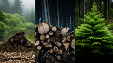 Pile of chopped firewood in the forest. Collage.の素材