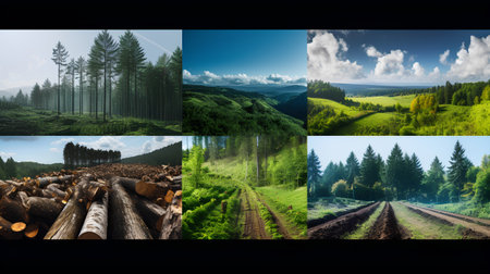 A collage of four pictures of a beautiful mountain landscape with a pine forest.の素材