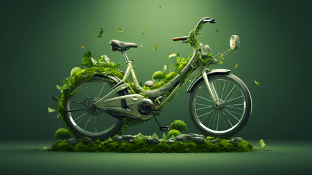 Green city bike with grass and plants. 3d render illustration.の素材