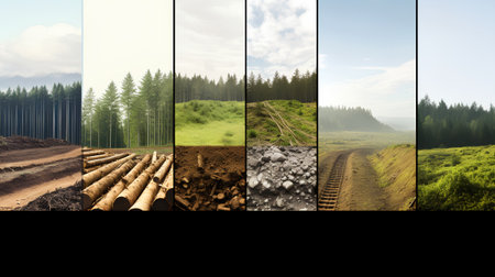 Collage of woodcutter's work in the forest. Conceptual imageの素材