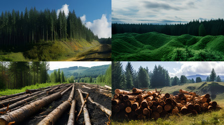 Woodpile in the mountains. Collage of nature landscape.の素材