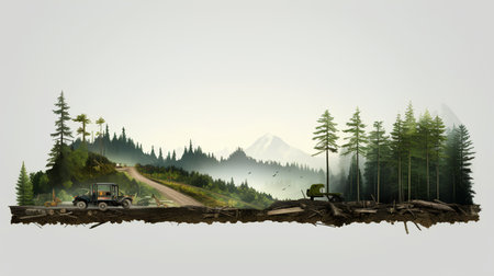 Tractor on the road in the forest. 3D illustration.の素材
