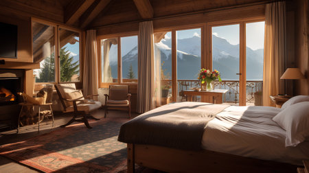 Interior of a wooden house with a mountain view. 3d renderingの素材