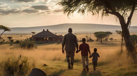 Family walking in the savannah at sunset, Kruger National Park, South Africaの素材