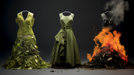 Fashionable evening dress on a mannequin in front of the fireの素材