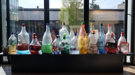 Colorful bottles in shop window. Concept of shopping and sale.の素材