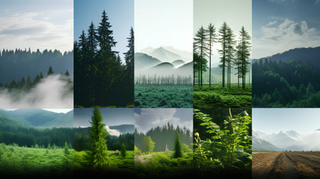 Collage of nature photos with mountains, forests and firs.の素材