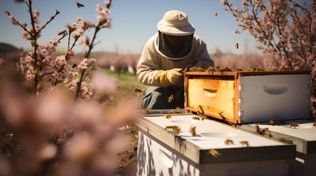 Beekeeper working with bees on apiary in springtime, selective focusの素材