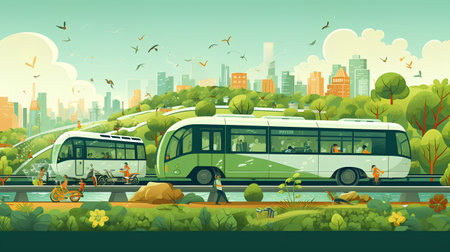 Green city landscape with bus, trees and sky. Vector illustration.の素材