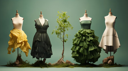3d render of a mannequins with dresses and a treeの素材