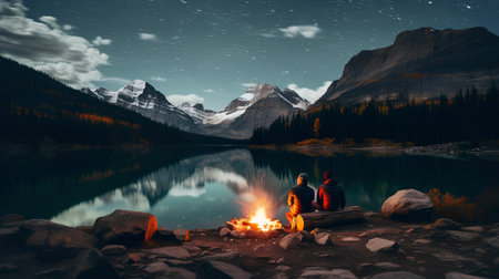 Couple sitting by the campfire in front of the mountain lakeの素材