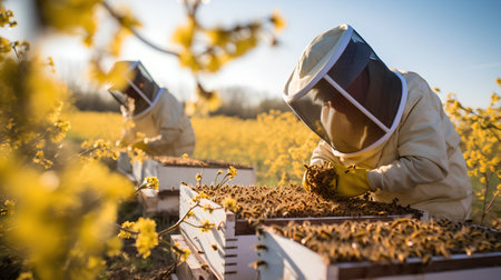 Two beekeepers working on honeycomb in blooming rapeseed fieldの素材
