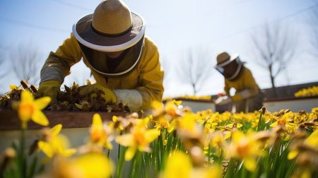 Close up of beekeeper working in the field with yellow daffodilsの素材