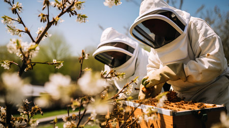 Beekeeper in protective suit and glasses working with beeswax in apiary.の素材