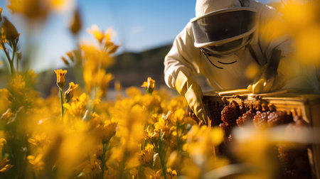 Beekeeper working on honeycomb in yellow flower field. Beekeeping conceptの素材
