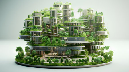 3d render of modern city with green trees and houses. 3d illustrationの素材