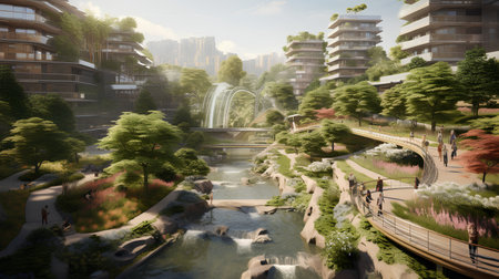Beautiful landscaped garden with a waterfall in the city of China.の素材