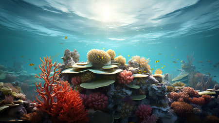 Underwater landscape with coral reef and tropical fish. 3d renderの素材