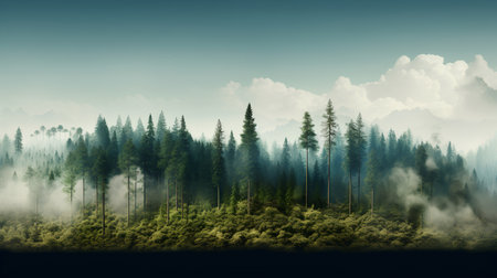 Foggy pine forest in the mountains. 3d rendering.の素材