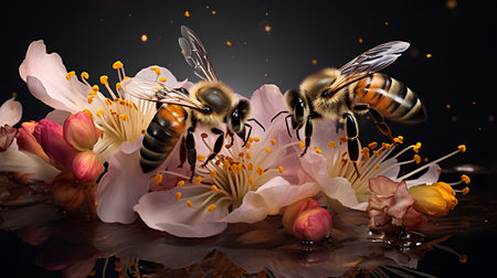 Honeybee and flowers on a black background. 3d renderの素材