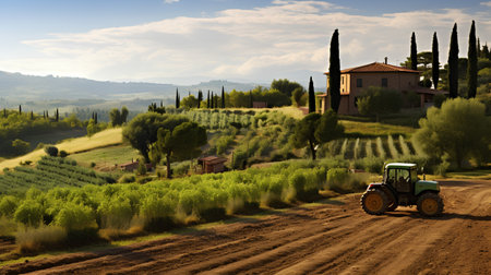 Tuscany landscape with tractor and cypresses, Italy.の素材