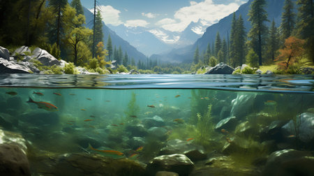 Underwater view of mountain lake and forest with fish. 3d renderingの素材