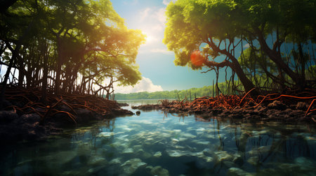 Mangrove forest and blue sky background. 3d renderの素材