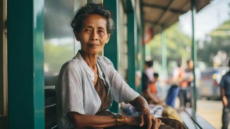 Unidentified old woman sitting on the bus and waiting for the train.の素材